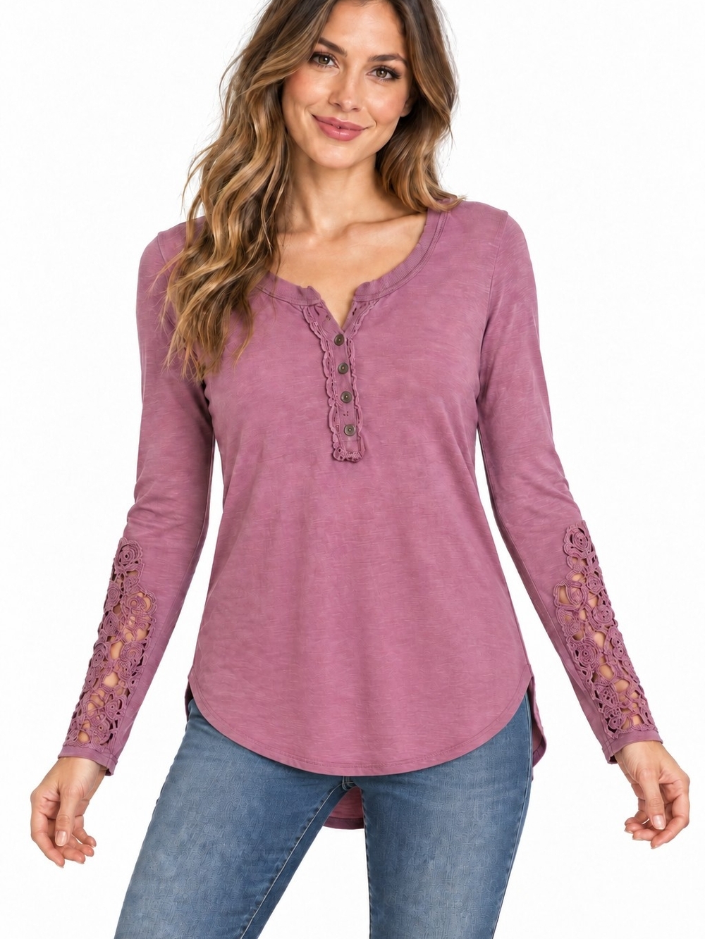 We The Free Our Song Crochet Cuff Henley Top Mauve Medium bohemian Fall